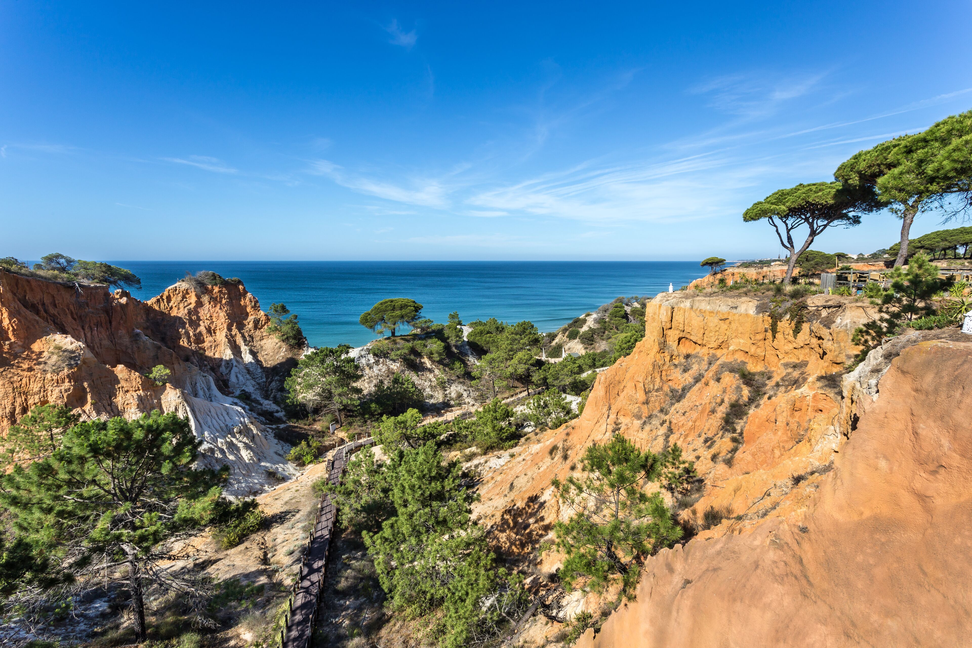 Paisaje costero con terreno rocoso, árboles y una vista despejada del mar.