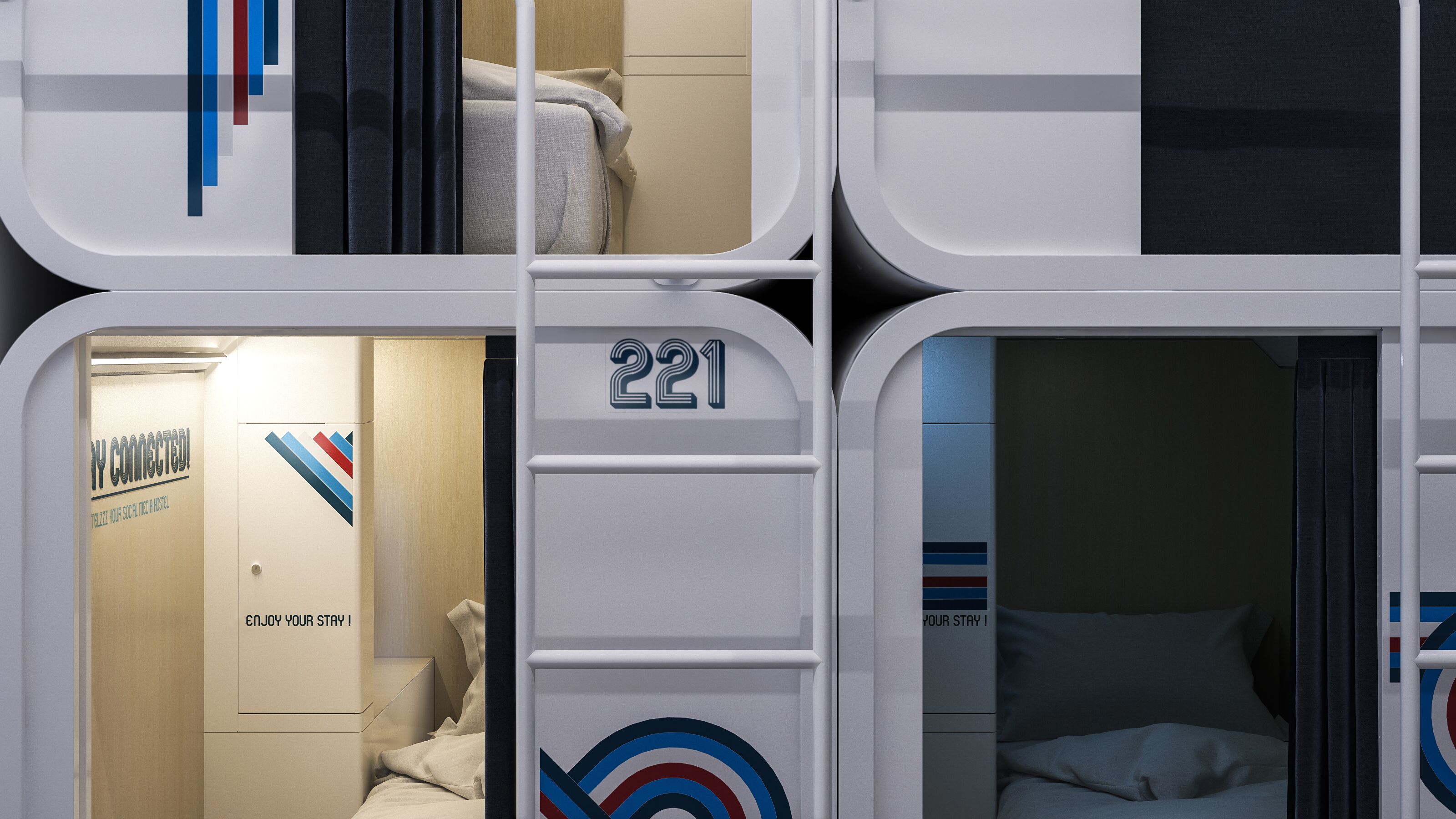 Een moderne hotelkamer met een stapelbed, een klein zithoekje en een deur met de tekst 'NY CONNECTED'.