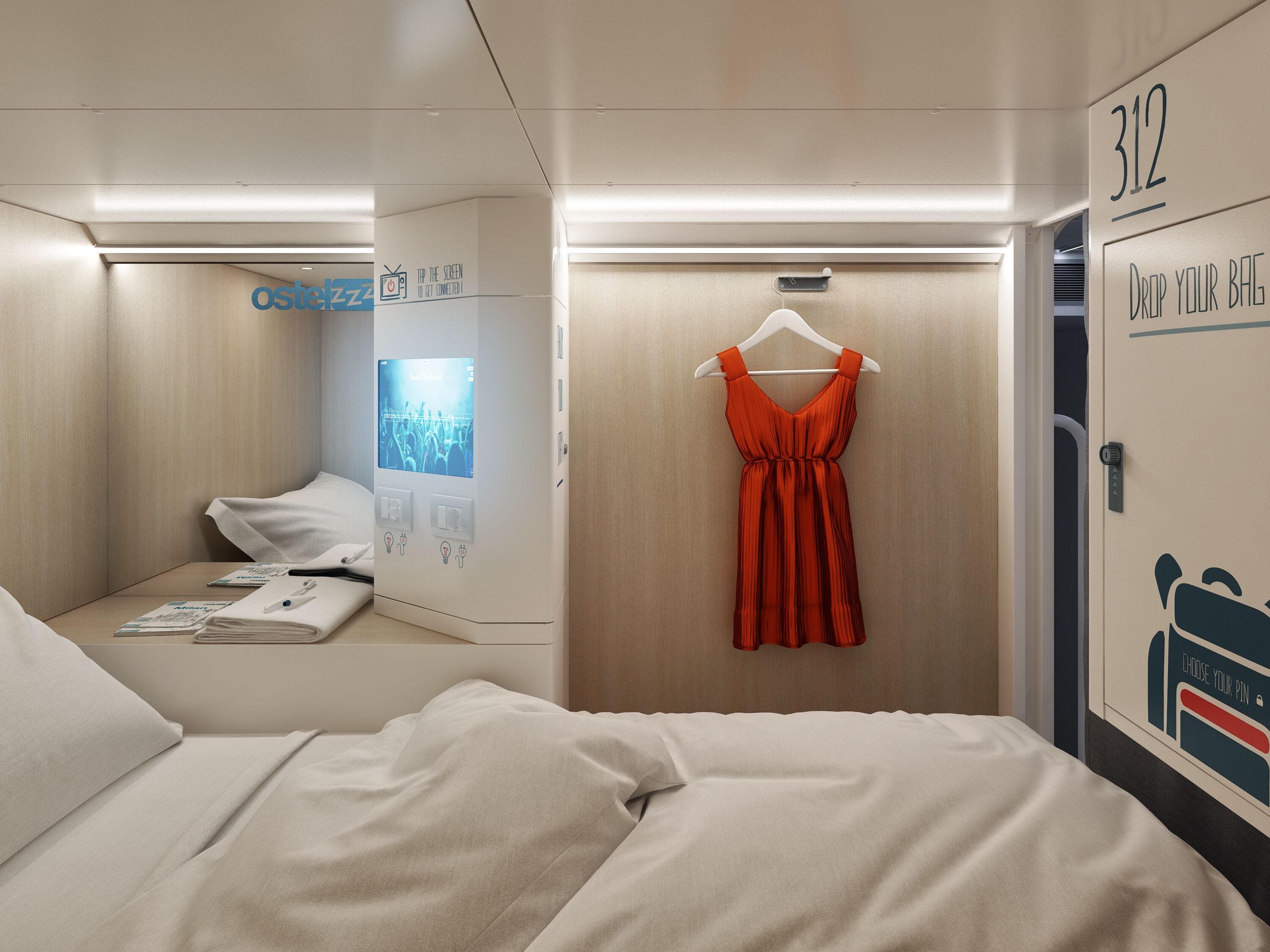 A hotel room with a bed, a hanging red dress, a screen displaying a cityscape, and a door with a number.