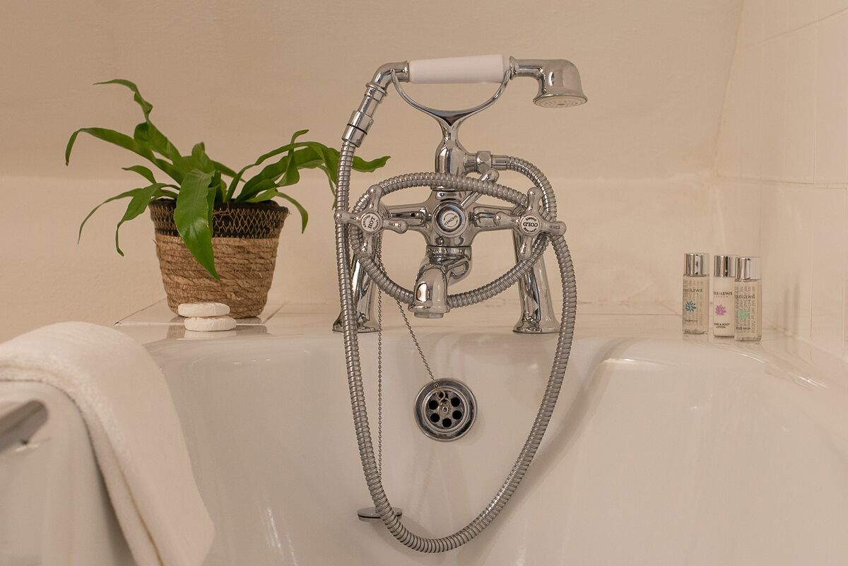 A bathroom with a bathtub, a showerhead, and a potted plant.