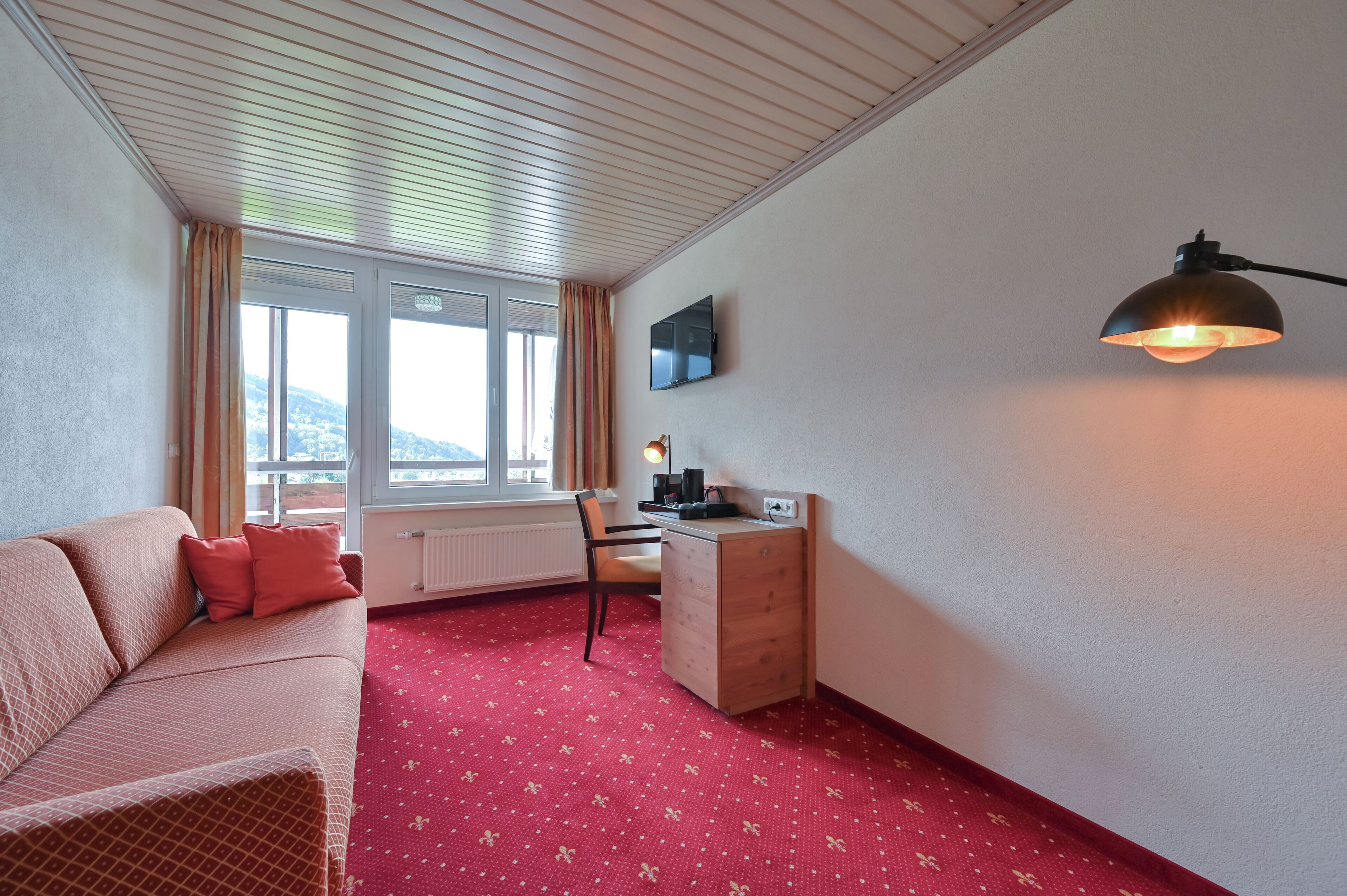 A room with a sofa, a desk, a chair, a TV, and a window with curtains.
