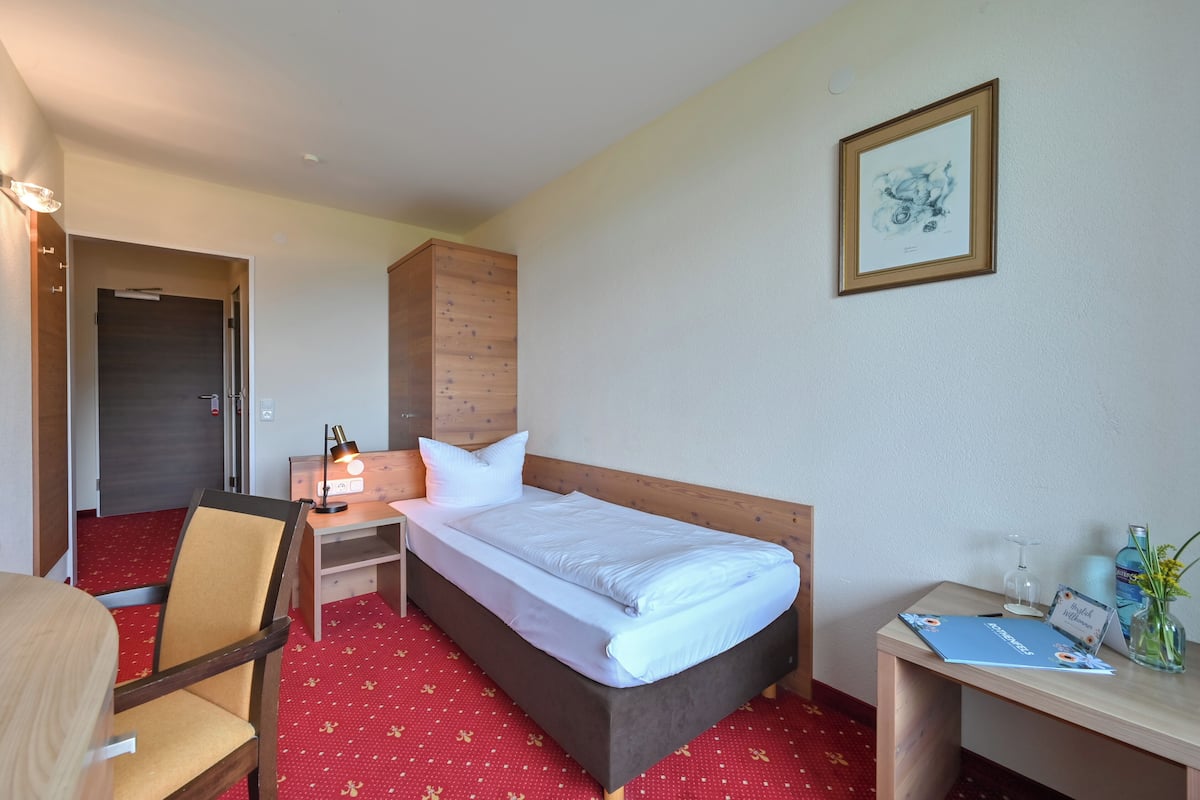 A hotel room with a bed, a desk, a chair, a nightstand with a lamp, a framed picture on the wall, and a red carpeted floor.