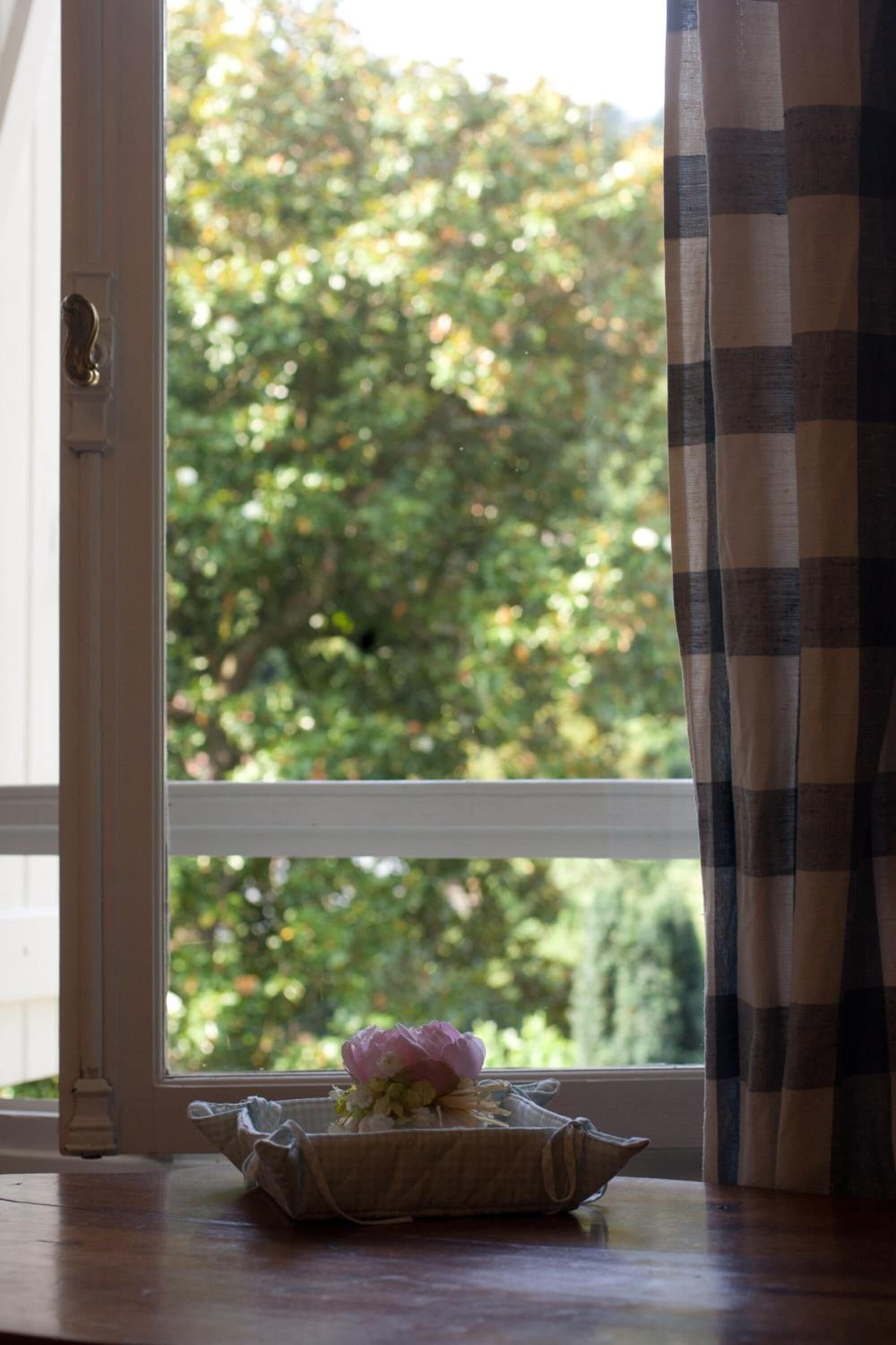 A window with a view of greenery outside, a small basket with flowers on the windowsill, and a checkered curtain partially drawn to the side.
