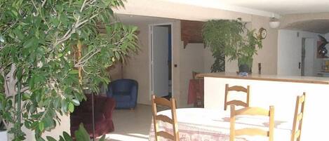 A dining area with a table and chairs, a large plant, and a blue chair.