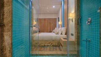 Shower, free toiletries, slippers, towels