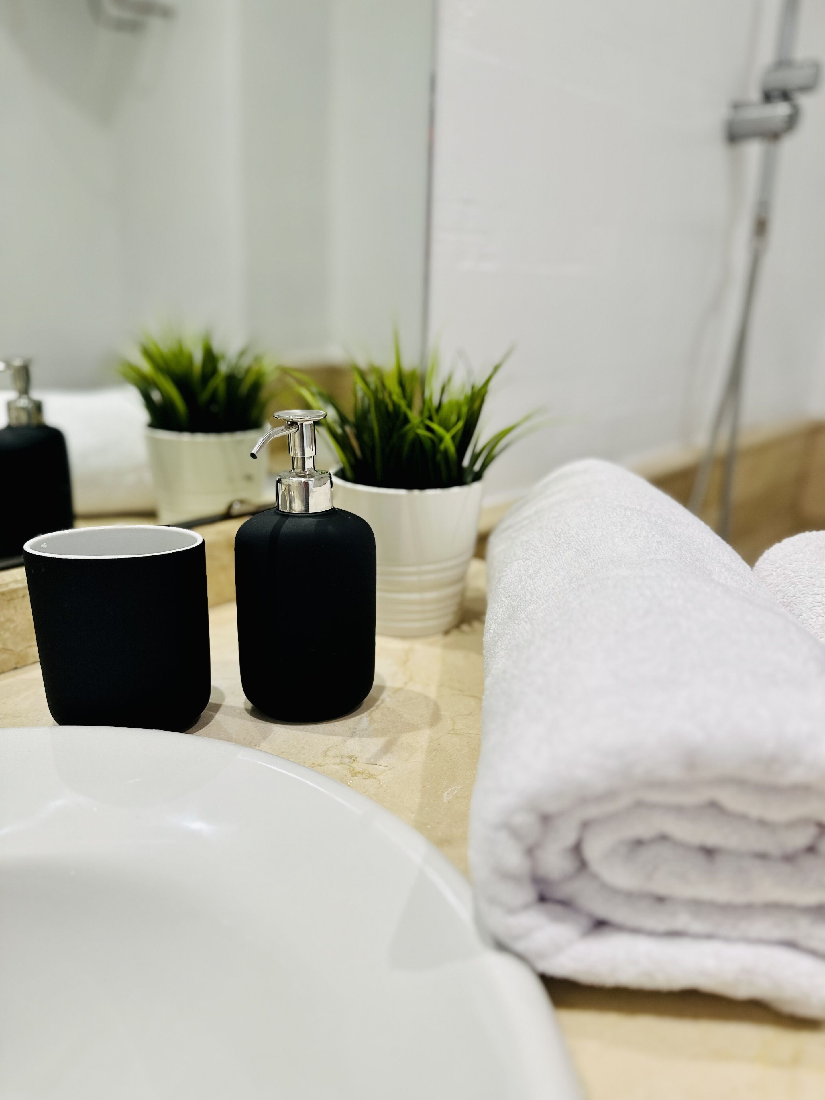 Un baño con lavamanos blanco, dispensadores de jabón negros, una toalla blanca y dos plantas en macetas.