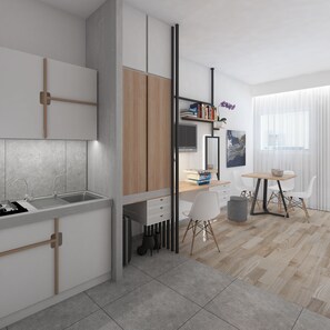 Tomannsrom – comfort, 2 enkeltsenger | Eget tekjøkken | Kjøleskap, kokeplater, kaffetrakter/tekoker og vannkoker