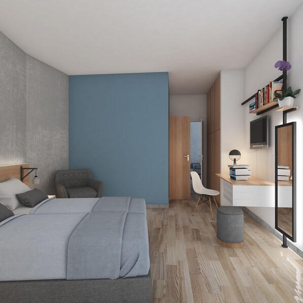 舒适三人房, 1 间卧室 | 1 多间卧室、高档床上用品、客房内保险箱、办公桌