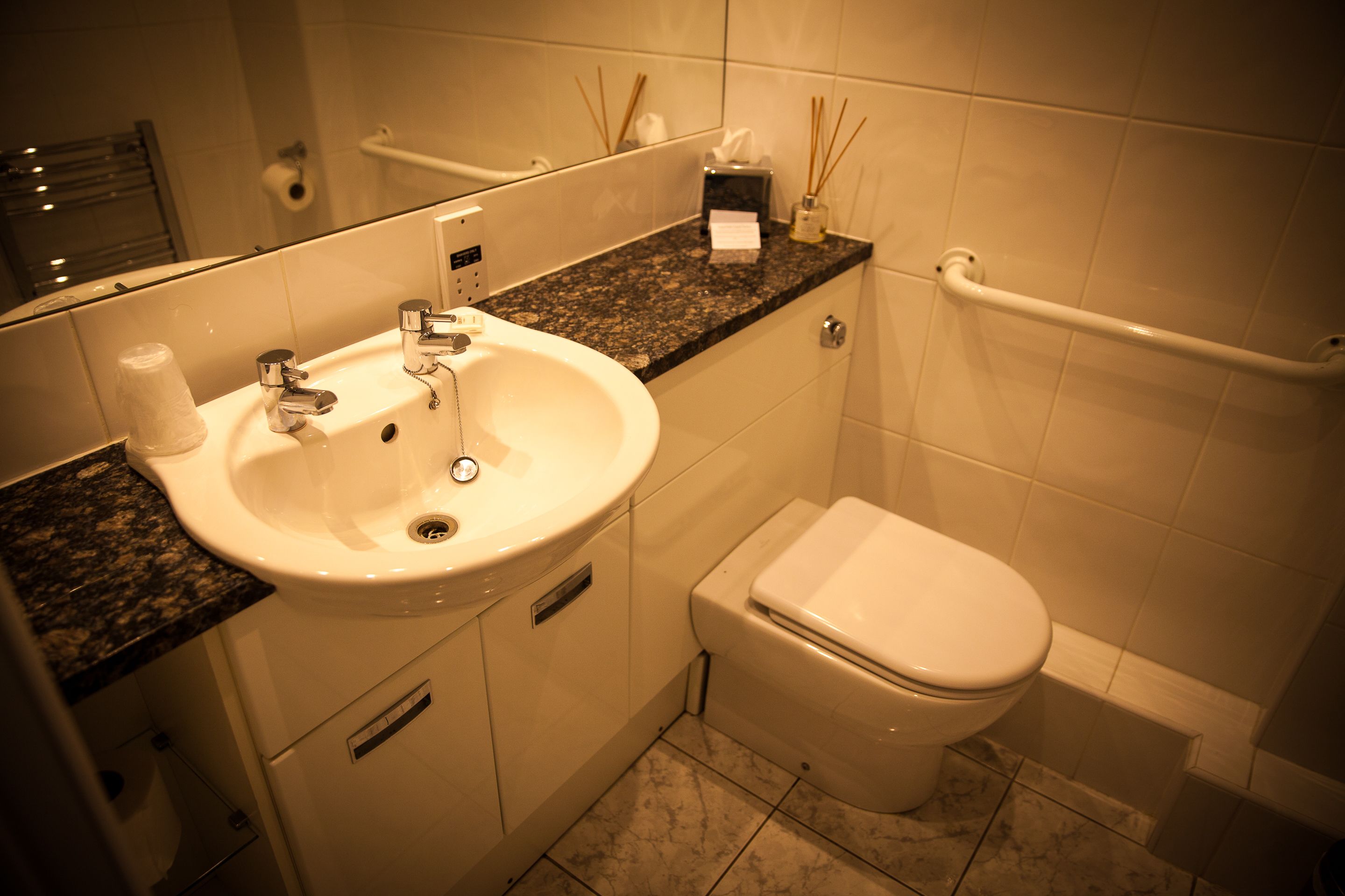 free toiletries, hair dryer, slippers, towels