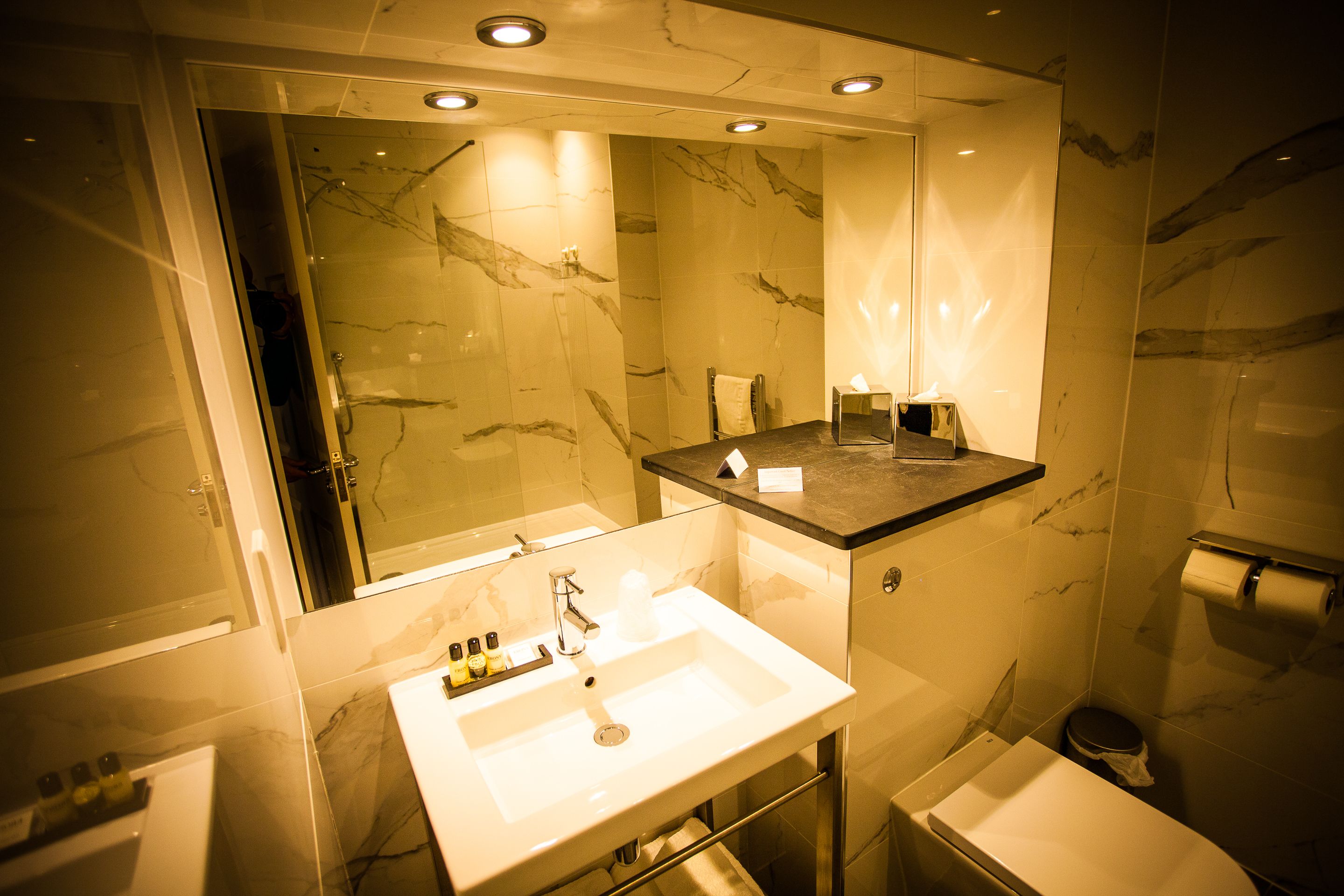 free toiletries, hair dryer, slippers, towels