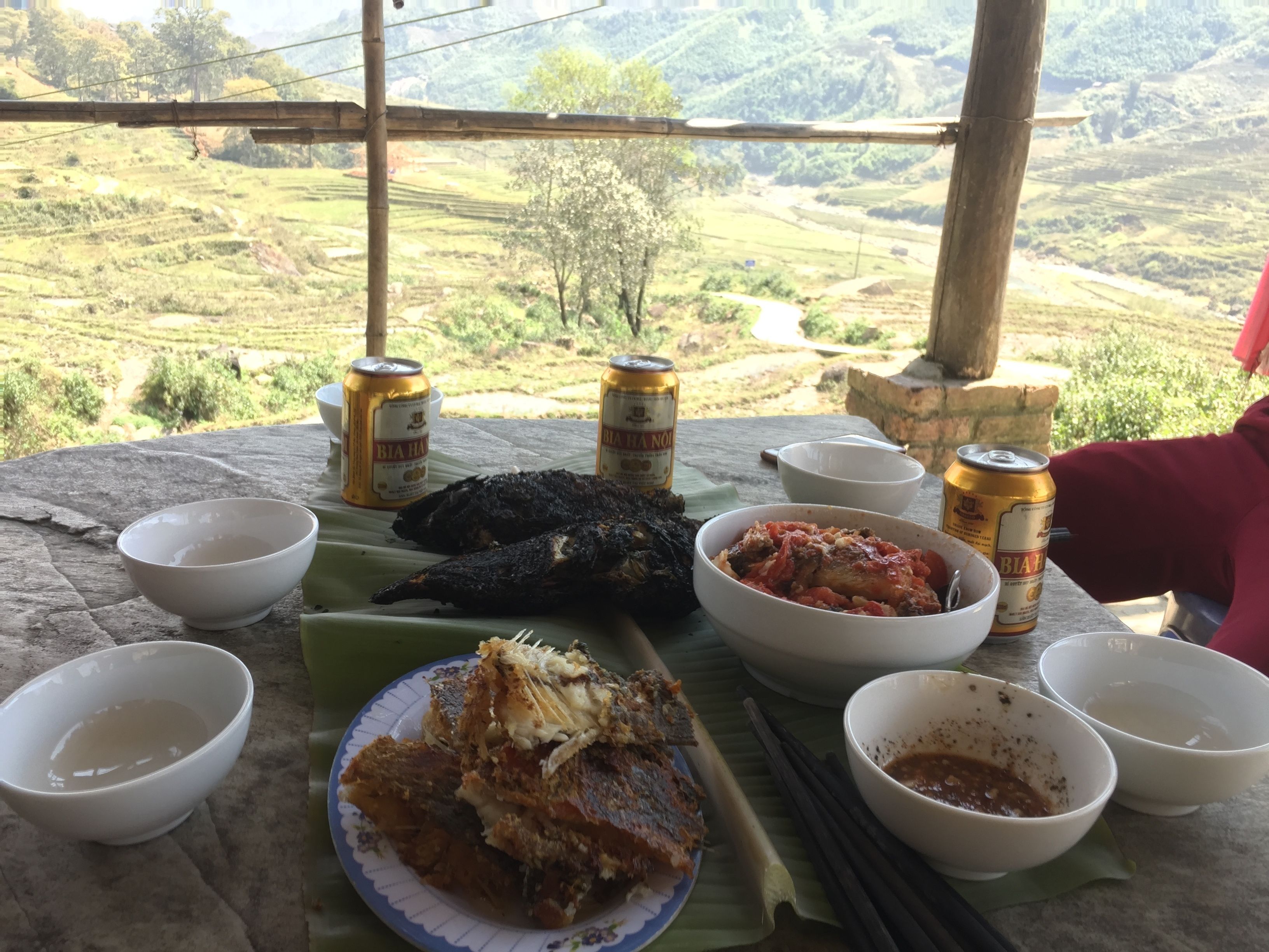 Una mesa con comida, bebidas y recipientes, con un paisaje pintoresco de fondo.