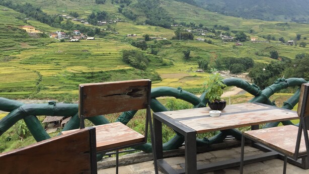 A table with a potted plant, surrounded by chairs, overlooking terraced fields and a village. - Freedom Homestay (Ta Van)