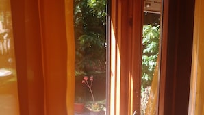 A view through a window with curtains, revealing a garden with potted plants and a small red flower. - Villa Cardinal Apartments (Tivoli)
