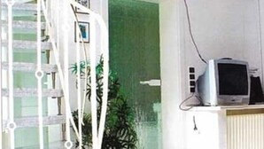 Una escalera que lleva al segundo piso, un televisor sobre un mueble, una planta en maceta y una alfombra roja en el suelo.