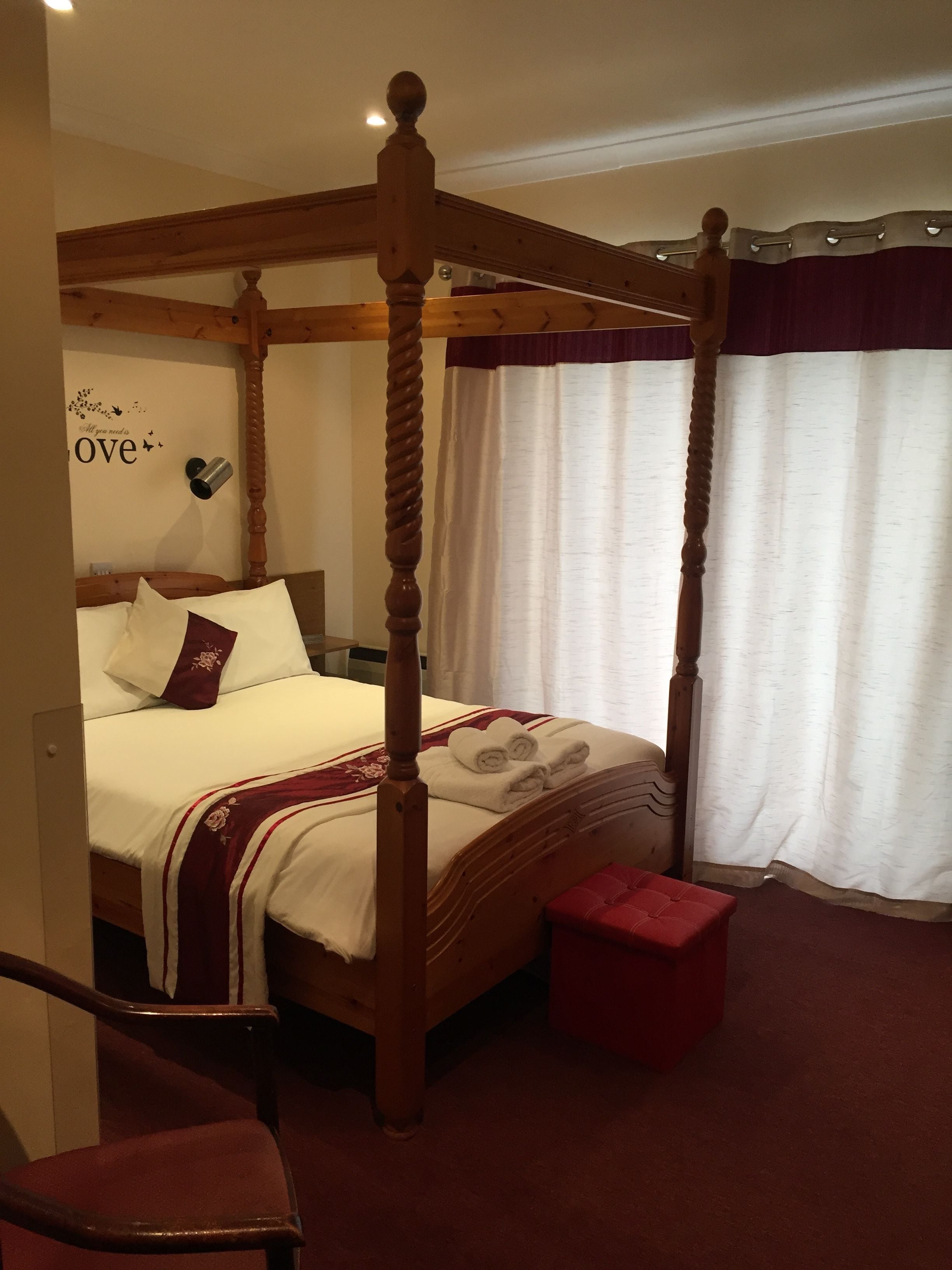 blackout curtains, iron/ironing board, free wifi, bed sheets