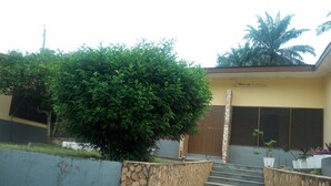 A residential building with a stone staircase leading to a brown door, surrounded by greenery and a clear sky.