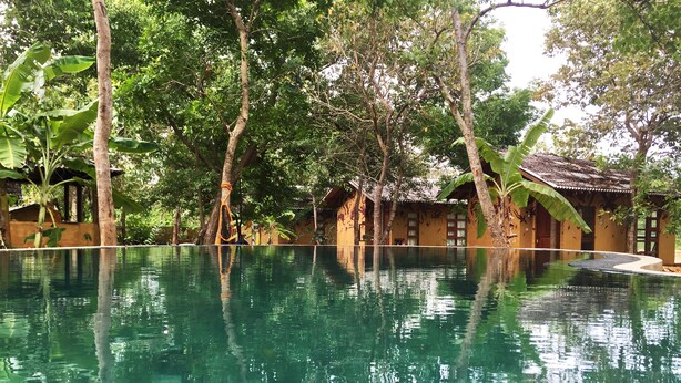 A clear swimming pool surrounded by lush greenery and traditional-style buildings. - Sat Nam Village Hotel (Avudangawa)
