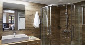 Shower, eco-friendly toiletries, hair dryer, bathrobes