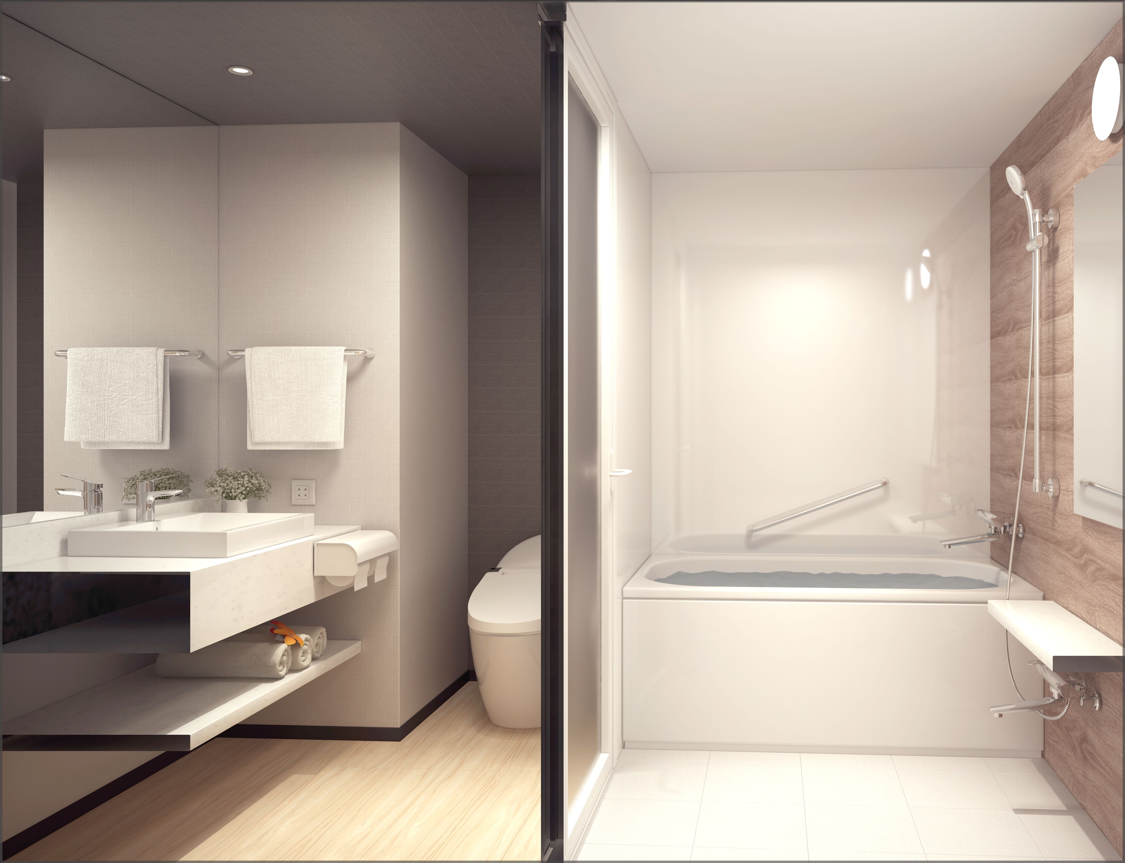 combined shower/bathtub, deep-soaking bathtub, free toiletries