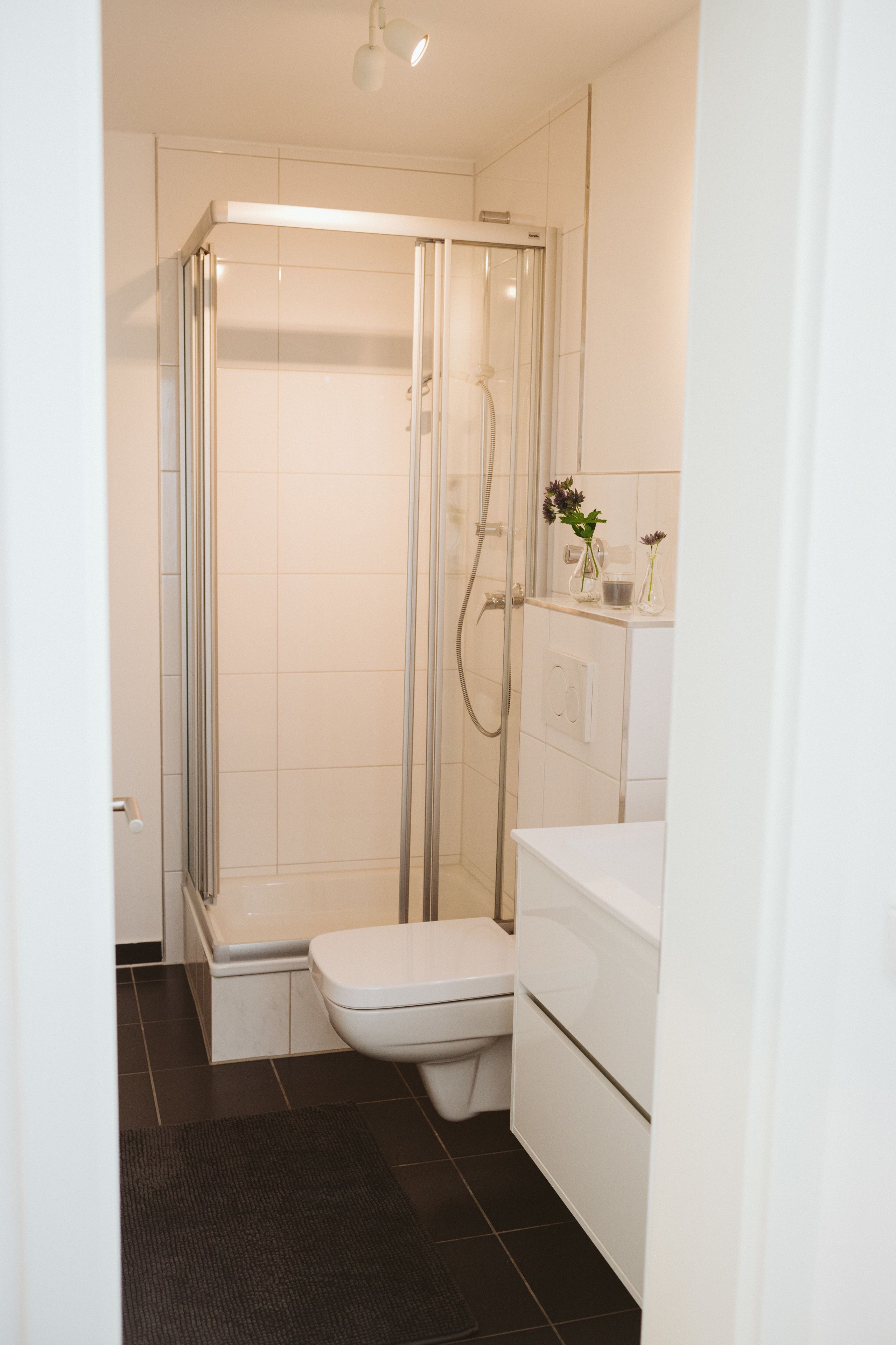 A modern bathroom with a glass-enclosed shower, a toilet, and a sink.