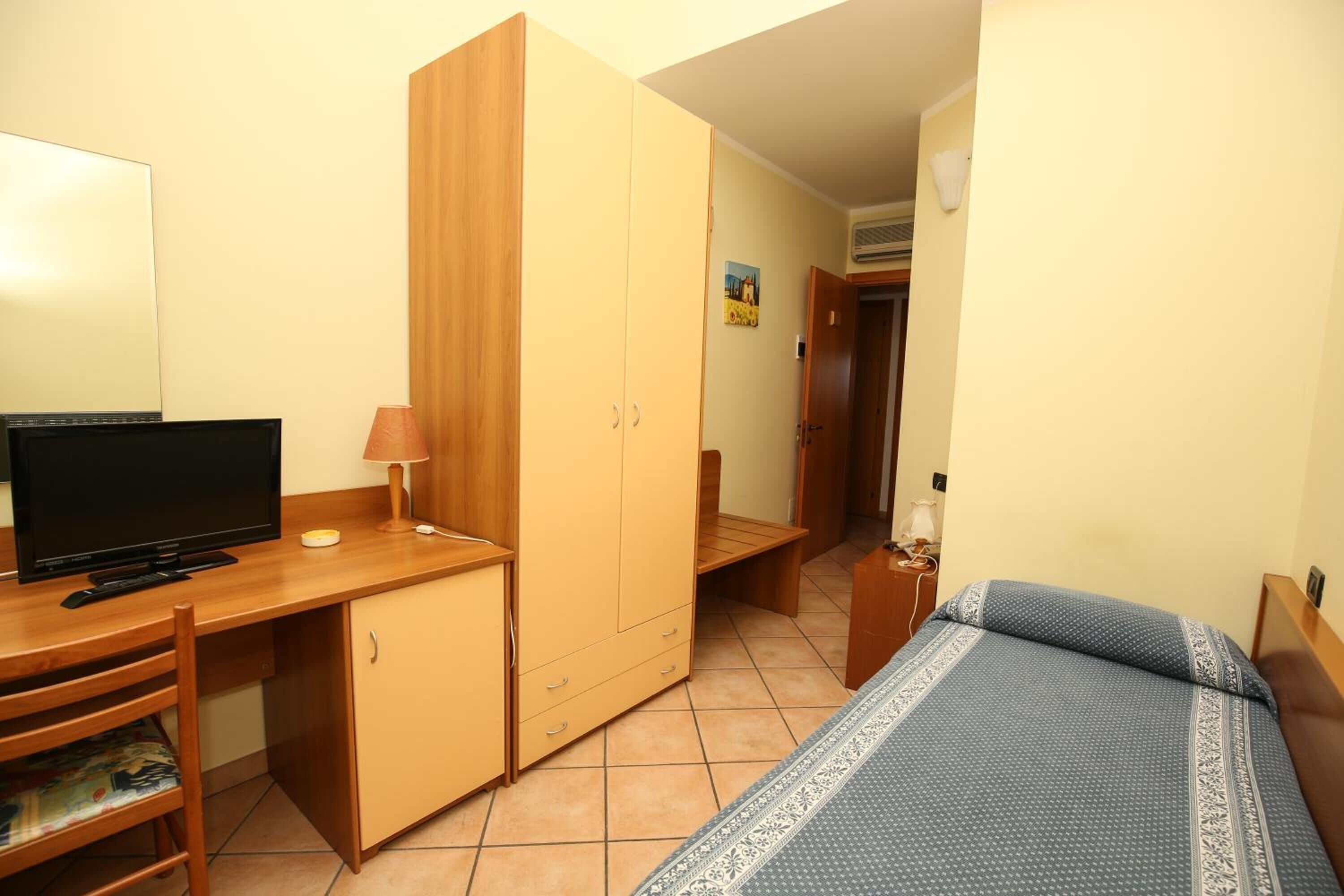 Una camera da letto con un letto, una scrivania con televisore, un armadio e un comodino.