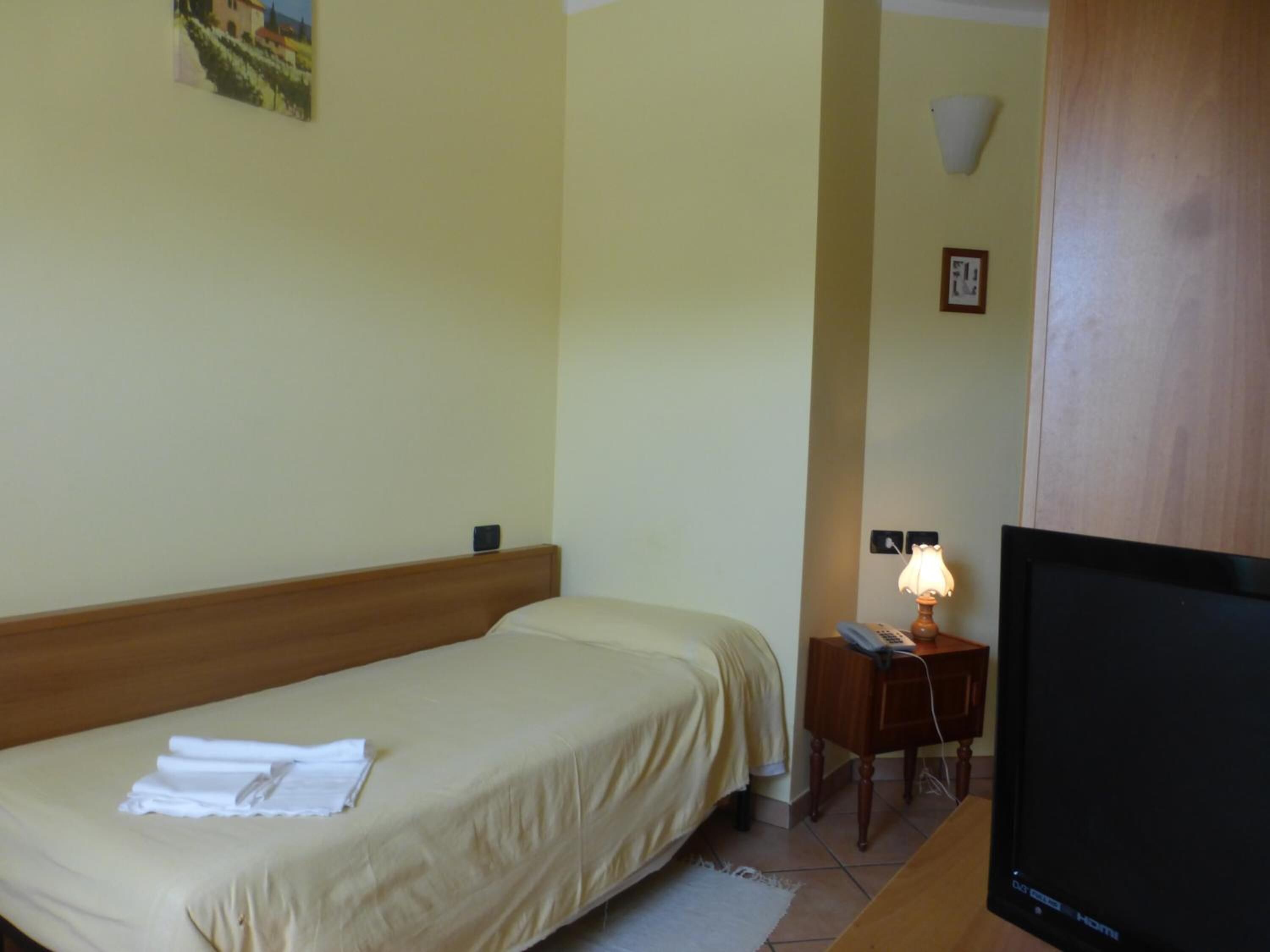 Habitación de hotel con cama, mesita de noche con lámpara, televisor y un pequeño marco con fotografía en la pared.