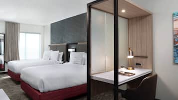 Premium bedding, desk, blackout drapes, iron/ironing board