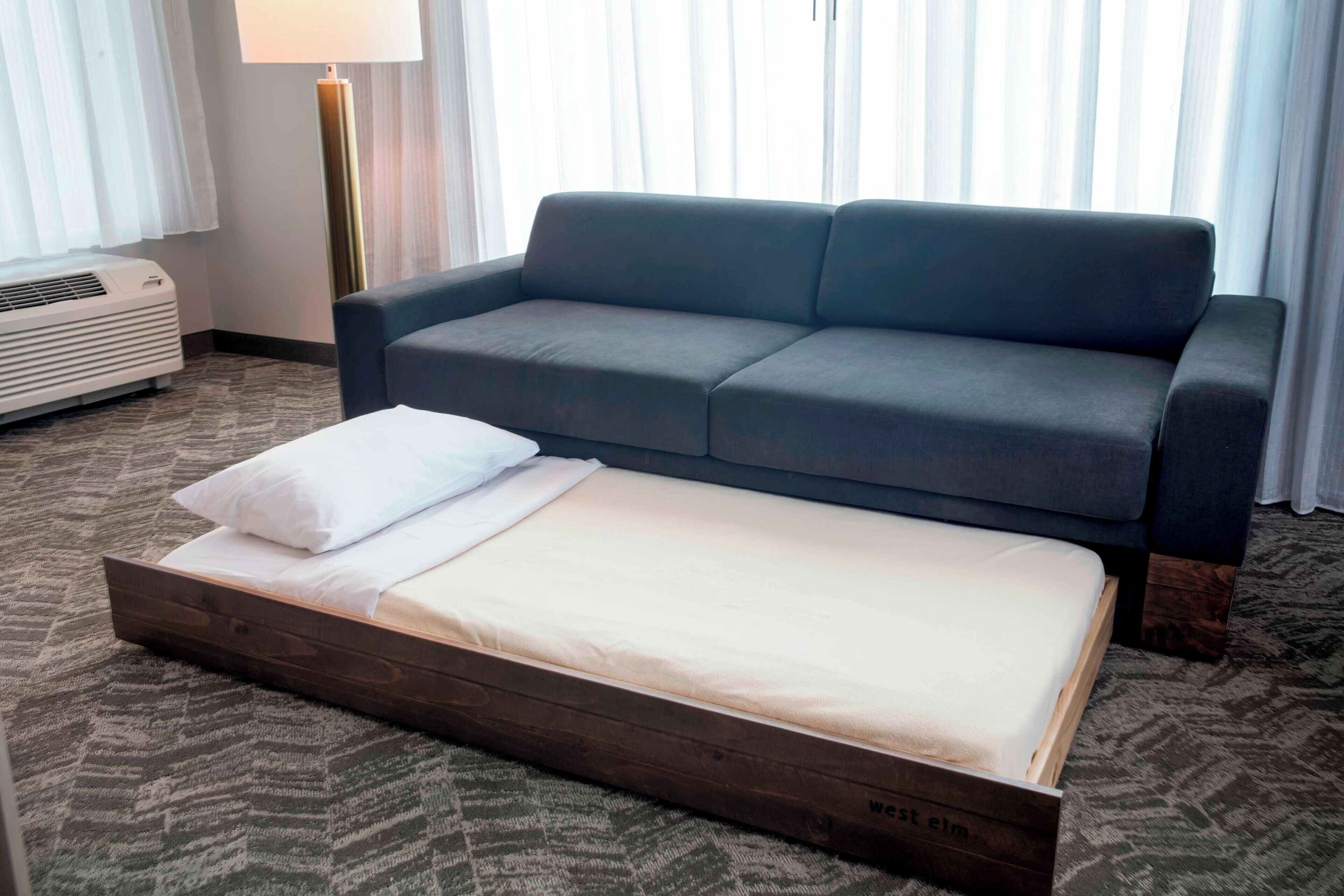 premium bedding, desk, blackout curtains, iron/ironing board