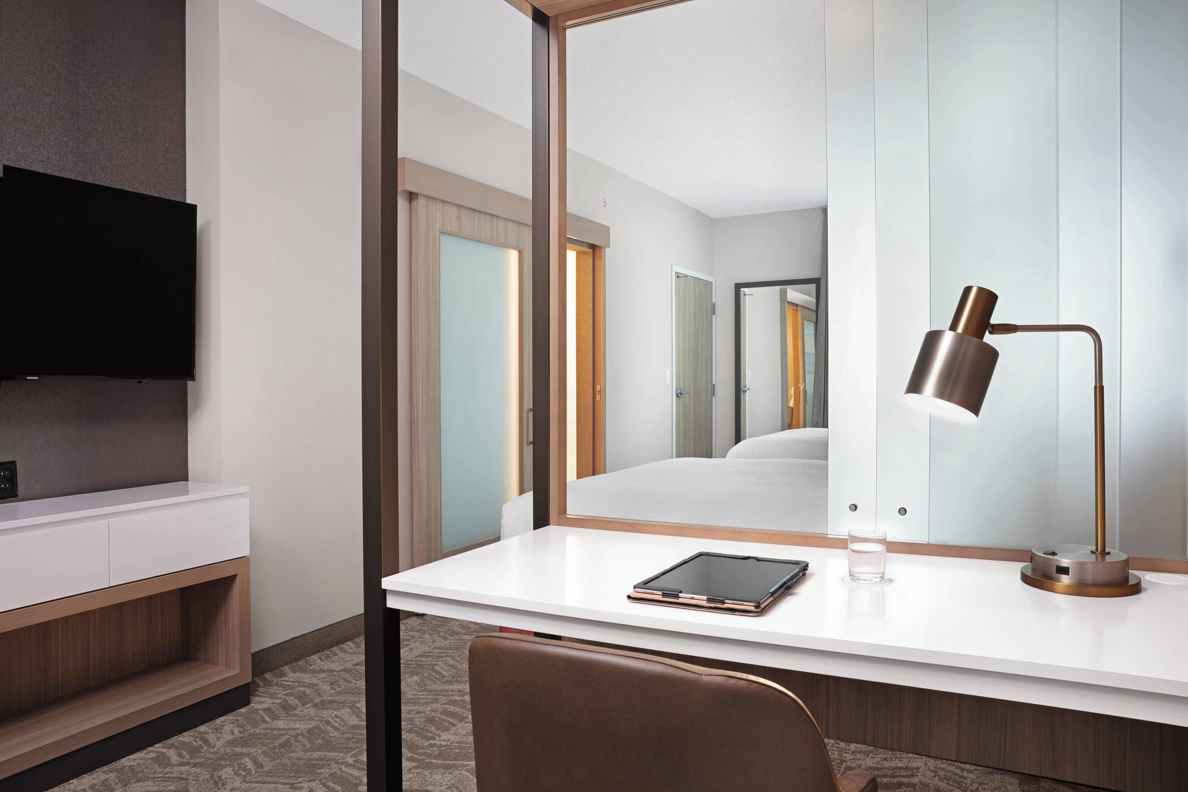 premium bedding, desk, blackout curtains, iron/ironing board