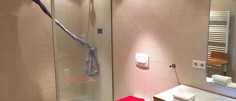 Un baño moderno con ducha de vidrio, inodoro y lavamanos con espejo.