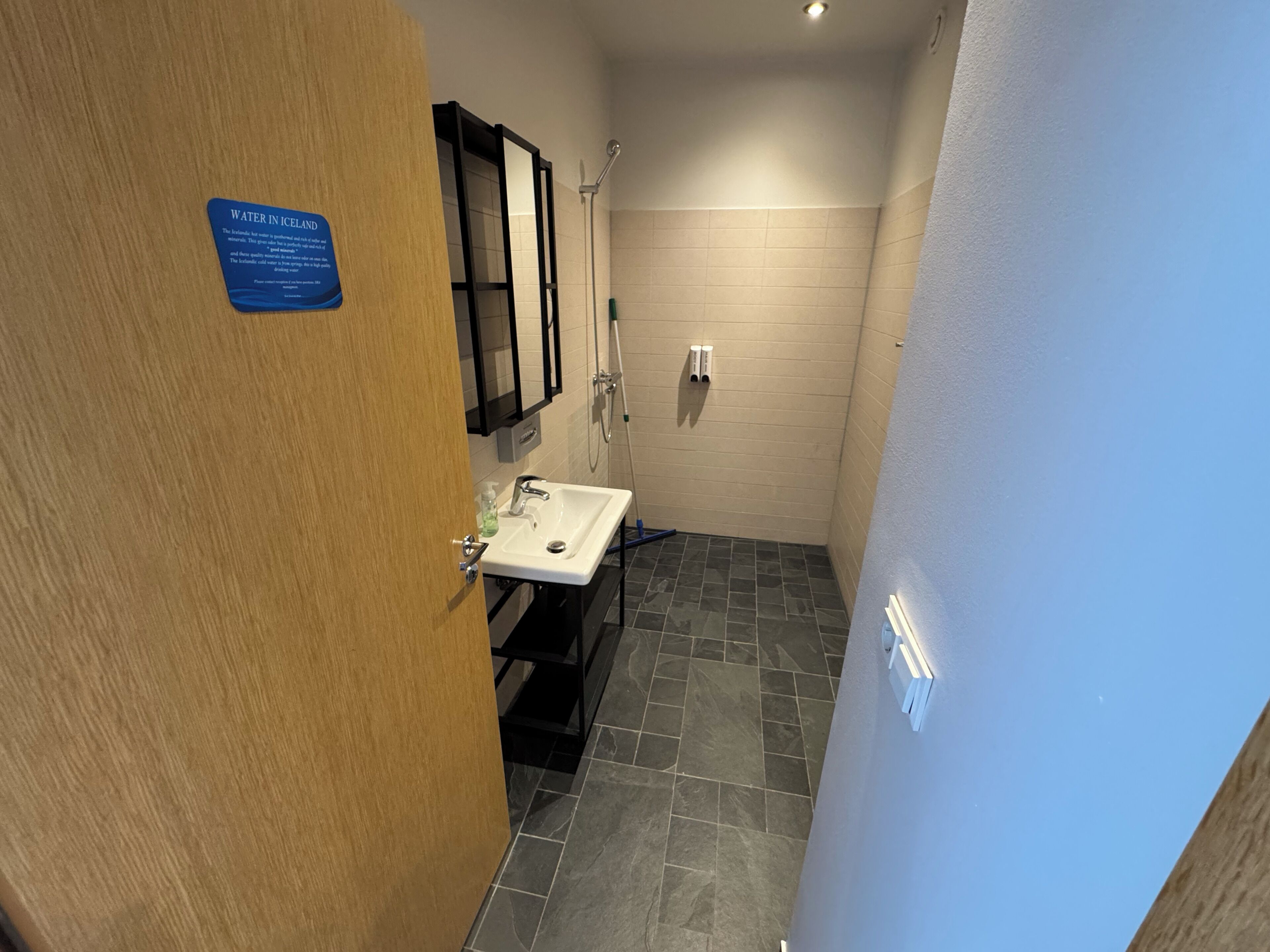 Un baño con lavabo, espejo y ducha.