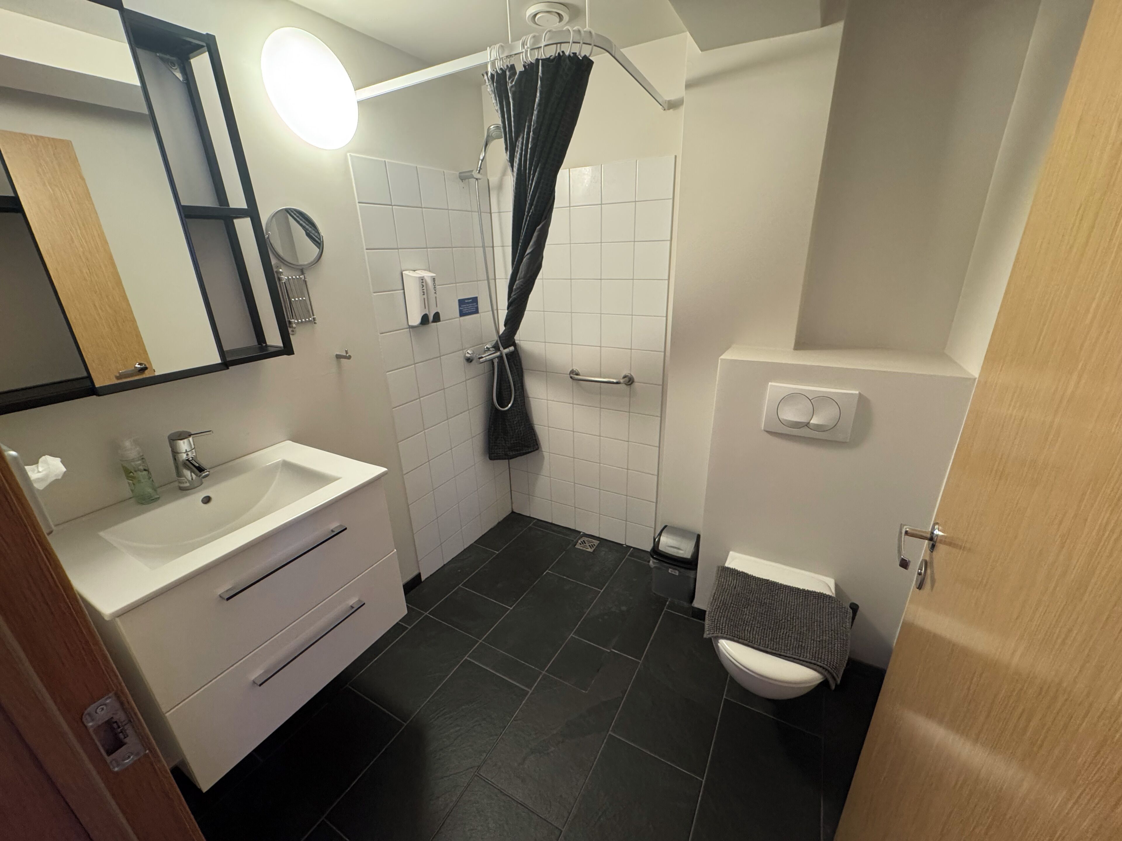A bathroom with a white sink, a mirror, a shower with a curtain, and a toilet.