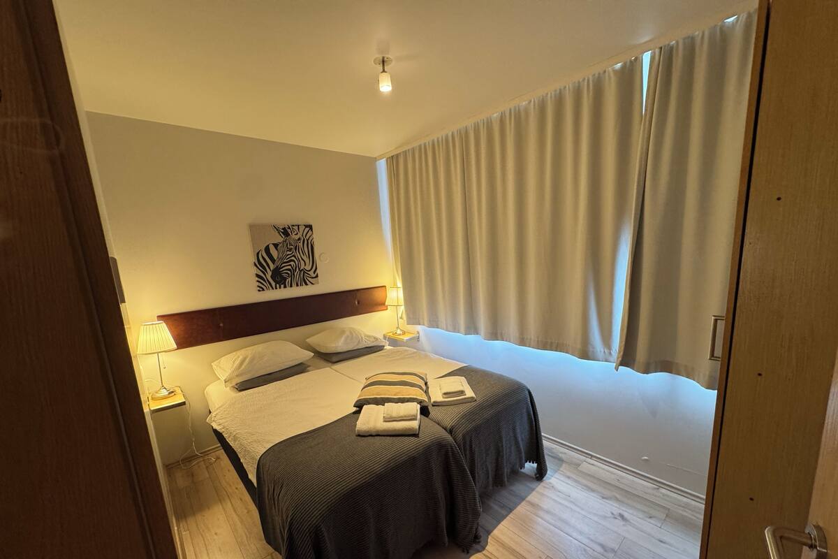 A hotel room with two beds, a zebra artwork on the wall, a nightstand with a lamp, and a view of the outside through curtains.