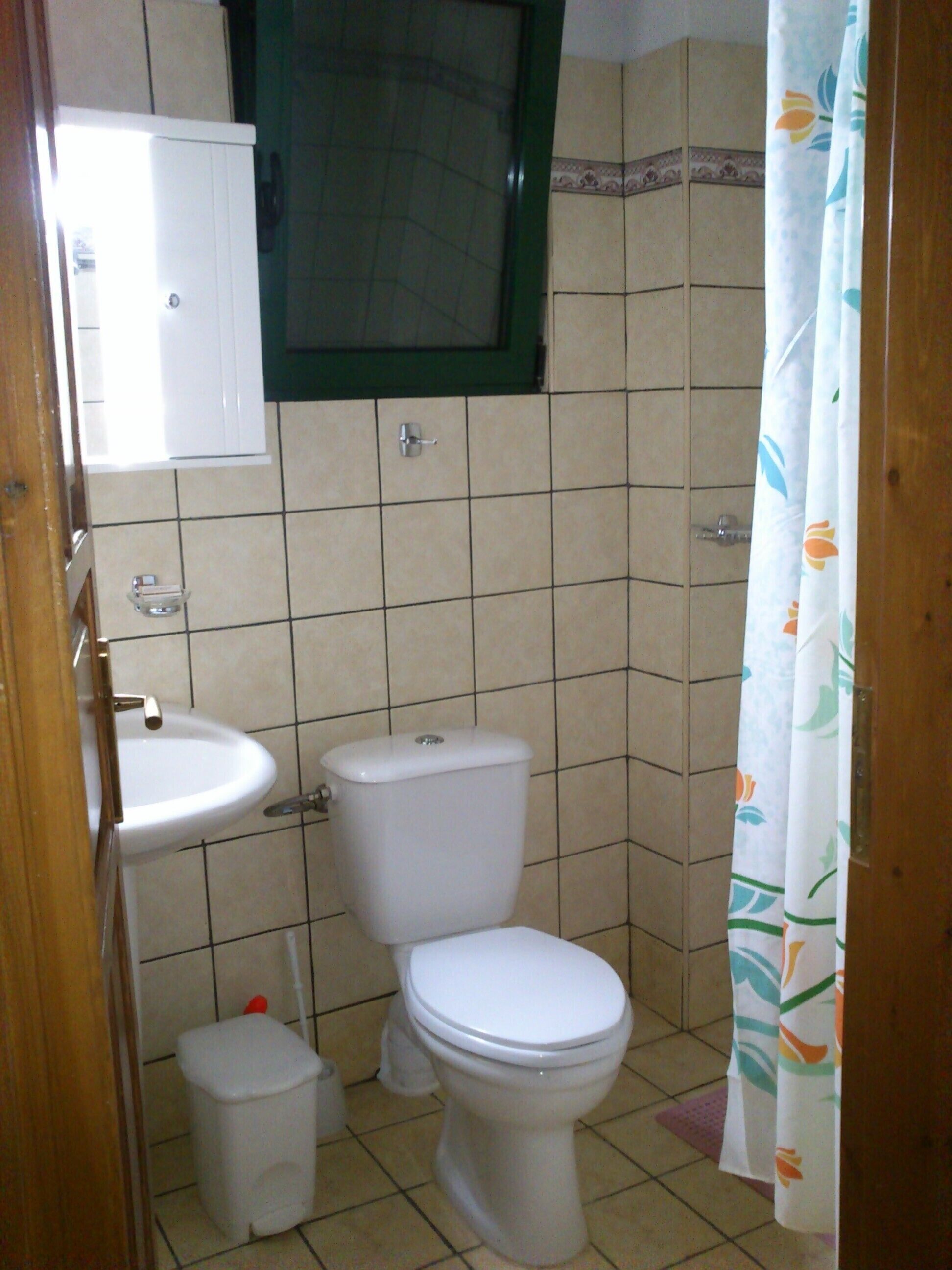 Un baño pequeño con inodoro, lavabo y cubo de basura.
