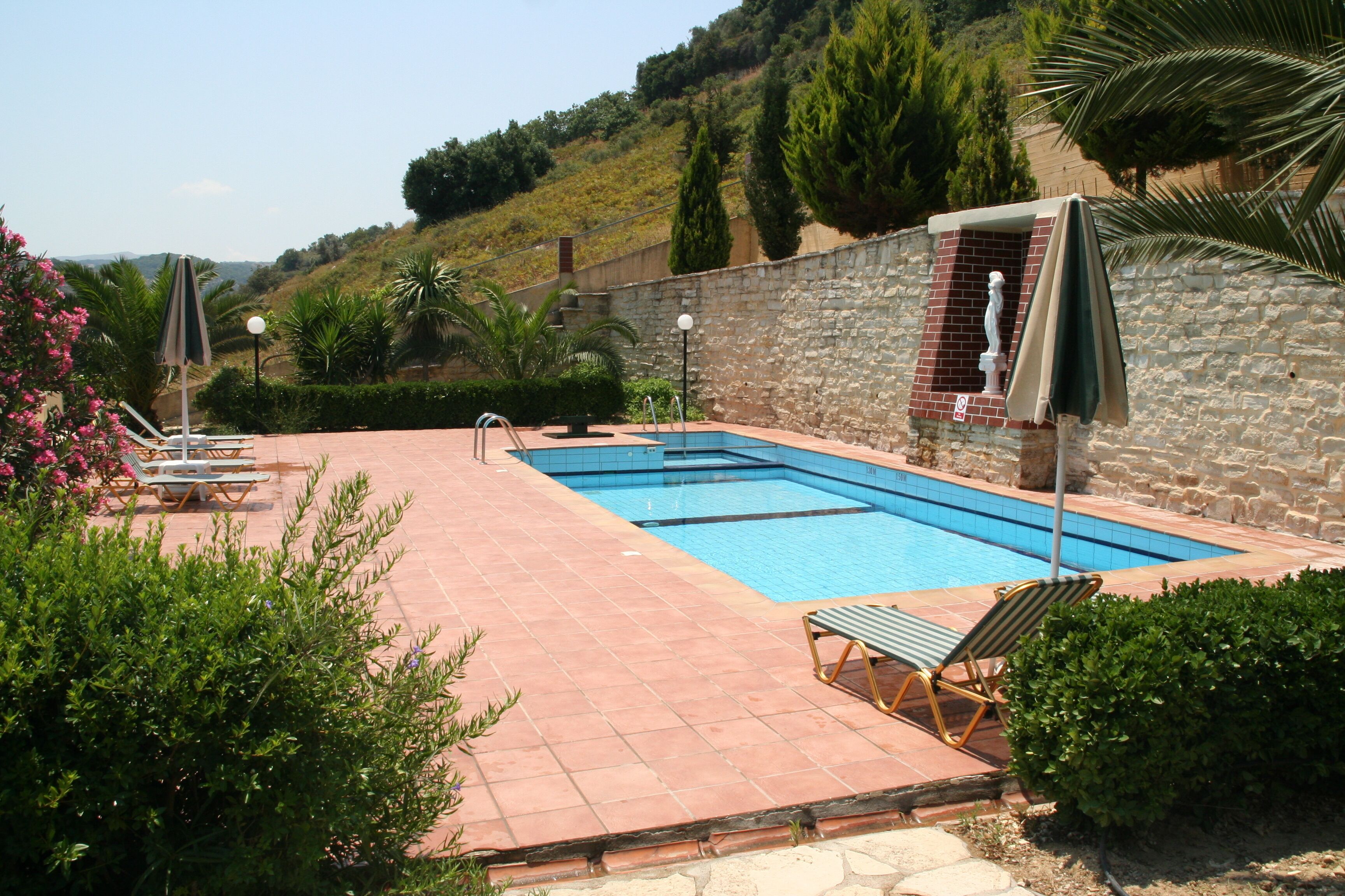 Une piscine rectangulaire bordée d’un mur en pierre et d’une terrasse carrelée, entourée de verdure et sous un ciel dégagé.