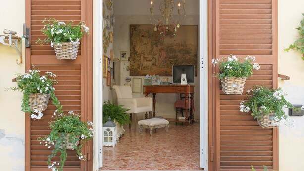 Un vano con contraventanas abiertas, un candelabro y plantas en macetas.