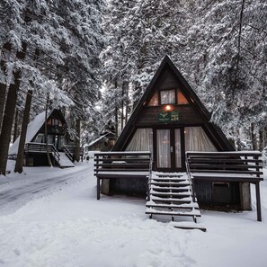 Eine Chalet mit einer Holztreppe, die zum Eingang führt, umgeben von schneebedeckten Bäumen.