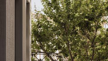 A balcony with a metal railing overlooking a tree and a building facade.