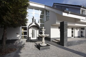 A modern two-story house with a stone fountain in the front yard, large windows, and a stone pillar. - Lux hotel Onyx (Svinošice)
