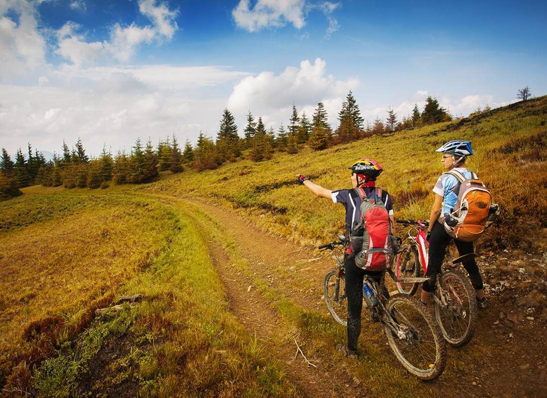 Two people on a mountain biking trail with a clear sky and trees in the background.