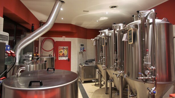 A brewery with stainless steel tanks and a large brewing kettle. - De La Tour (Tirano)