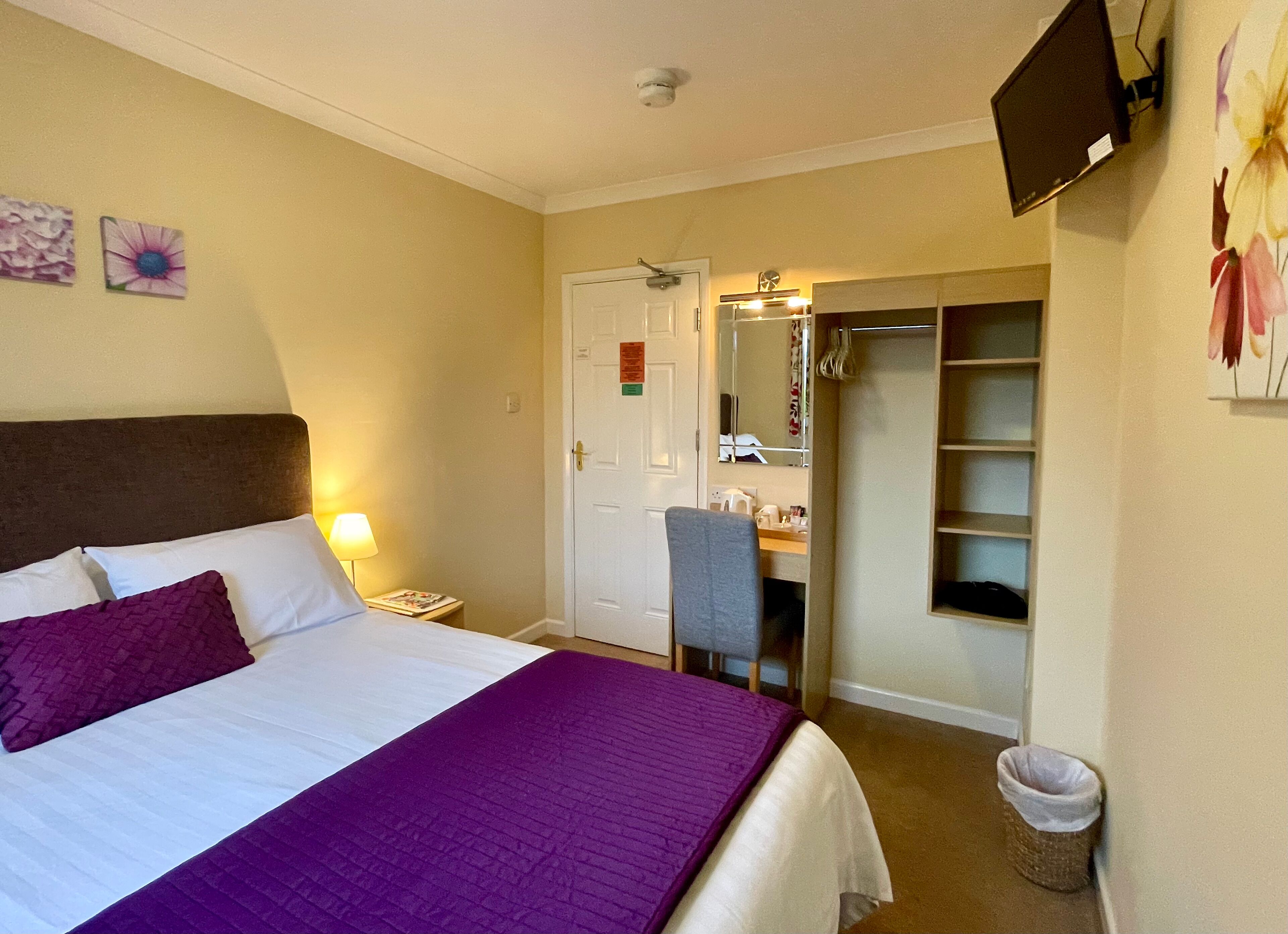 A hotel room with a bed, a desk, a chair, a TV, and a closet.