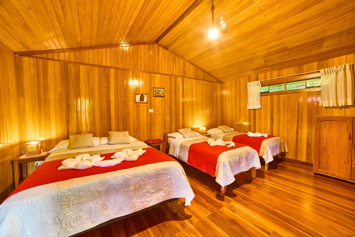 Een houten kamer met drie bedden, elk voorzien van witte lakens en rode dekens. Er ligt houten vloer en het houten plafond heeft een lamp.