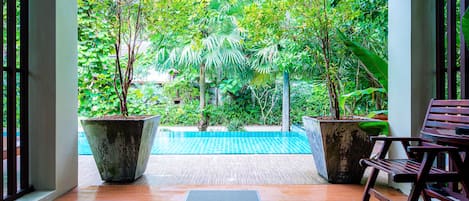 Alberca al aire libre y camastros