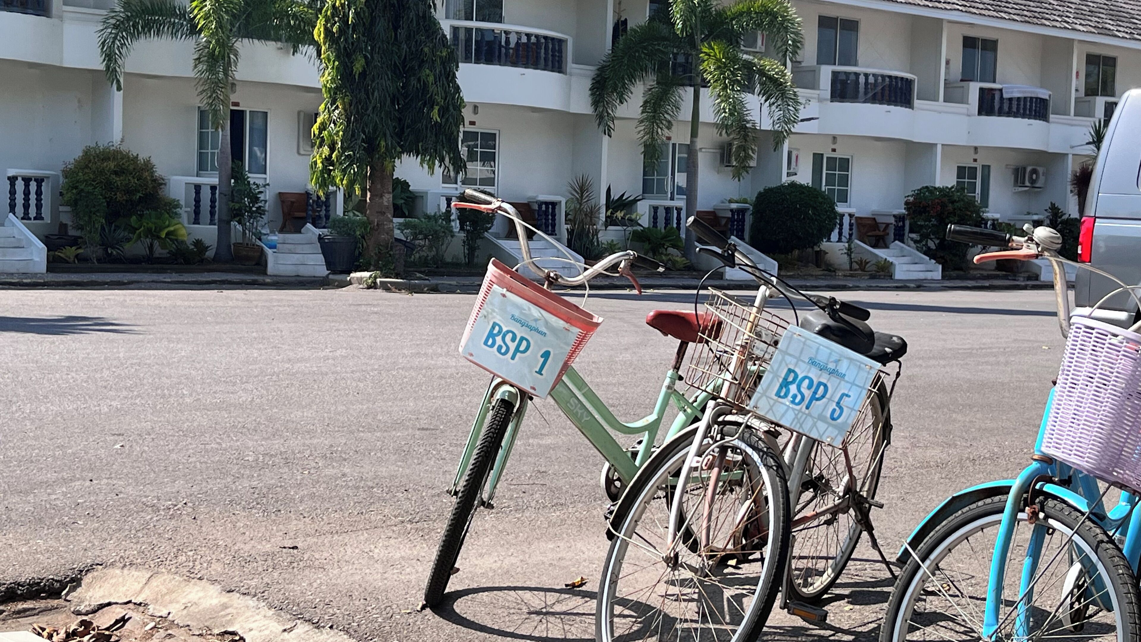 Una bicicleta con canasta y un cartel que dice BSP 1, estacionada frente a un edificio con balcones y palmeras.