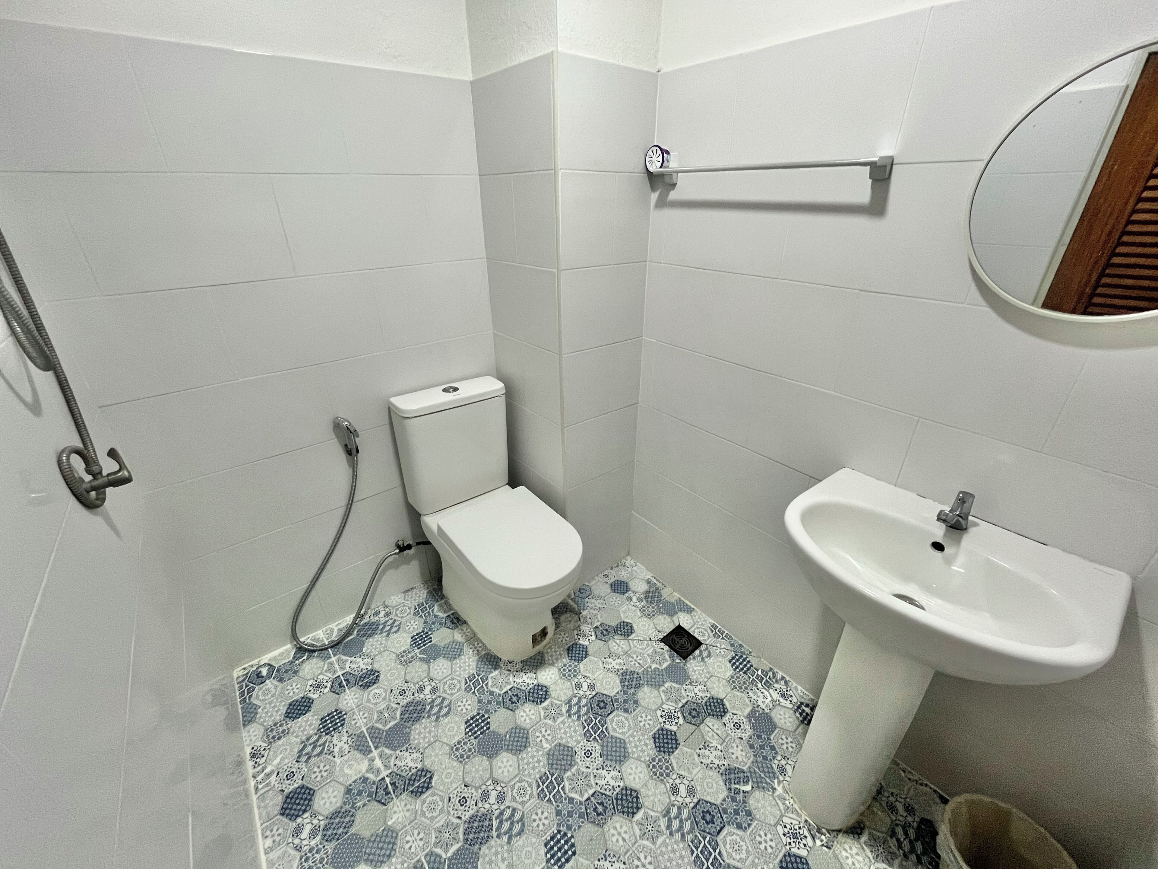 A bathroom with a toilet, a sink, and a shower.