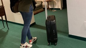A person with a suitcase in a room with a green carpet, a painting on the wall, and a lamp. - Albergo Italia (Fossalta di Piave)