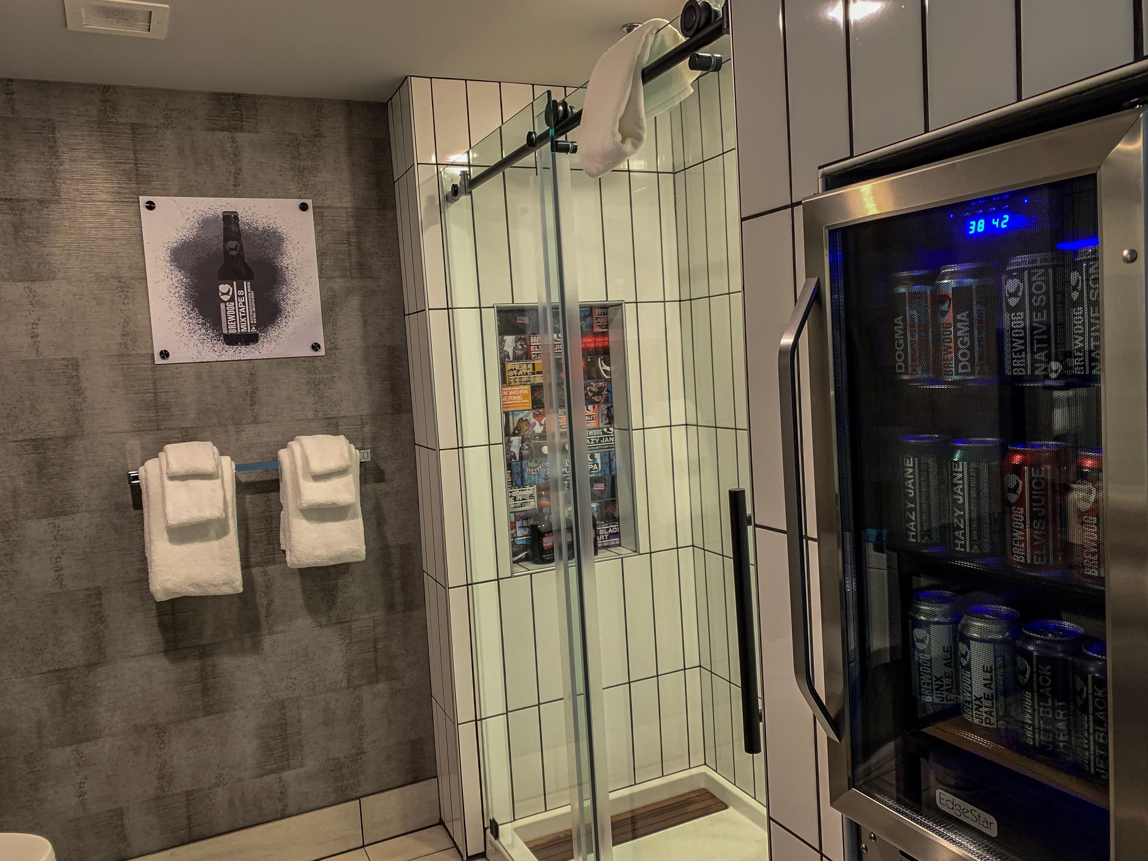 shower, rainfall showerhead, hair dryer, slippers