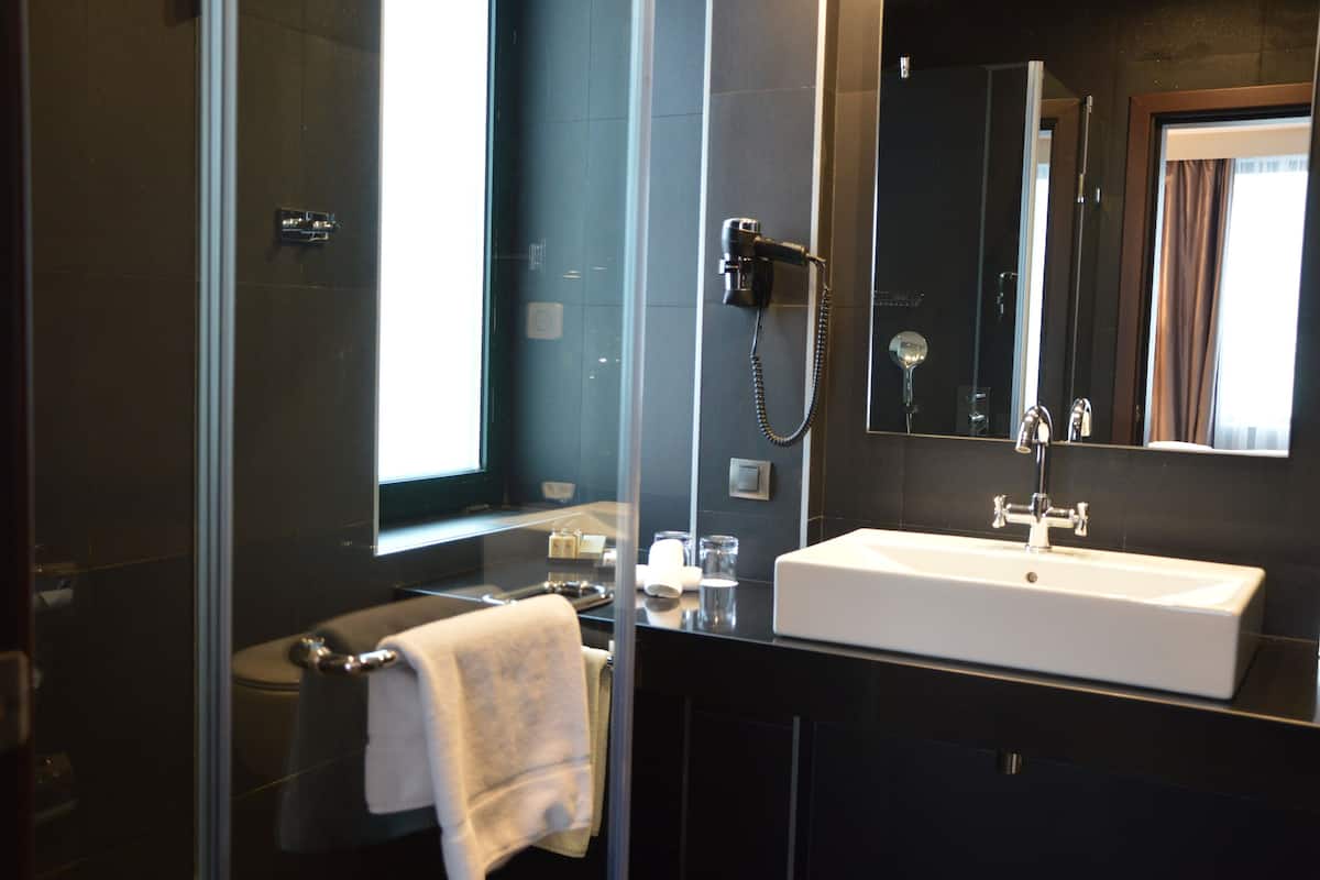 A modern bathroom with a glass shower enclosure, a white sink, and a large mirror.