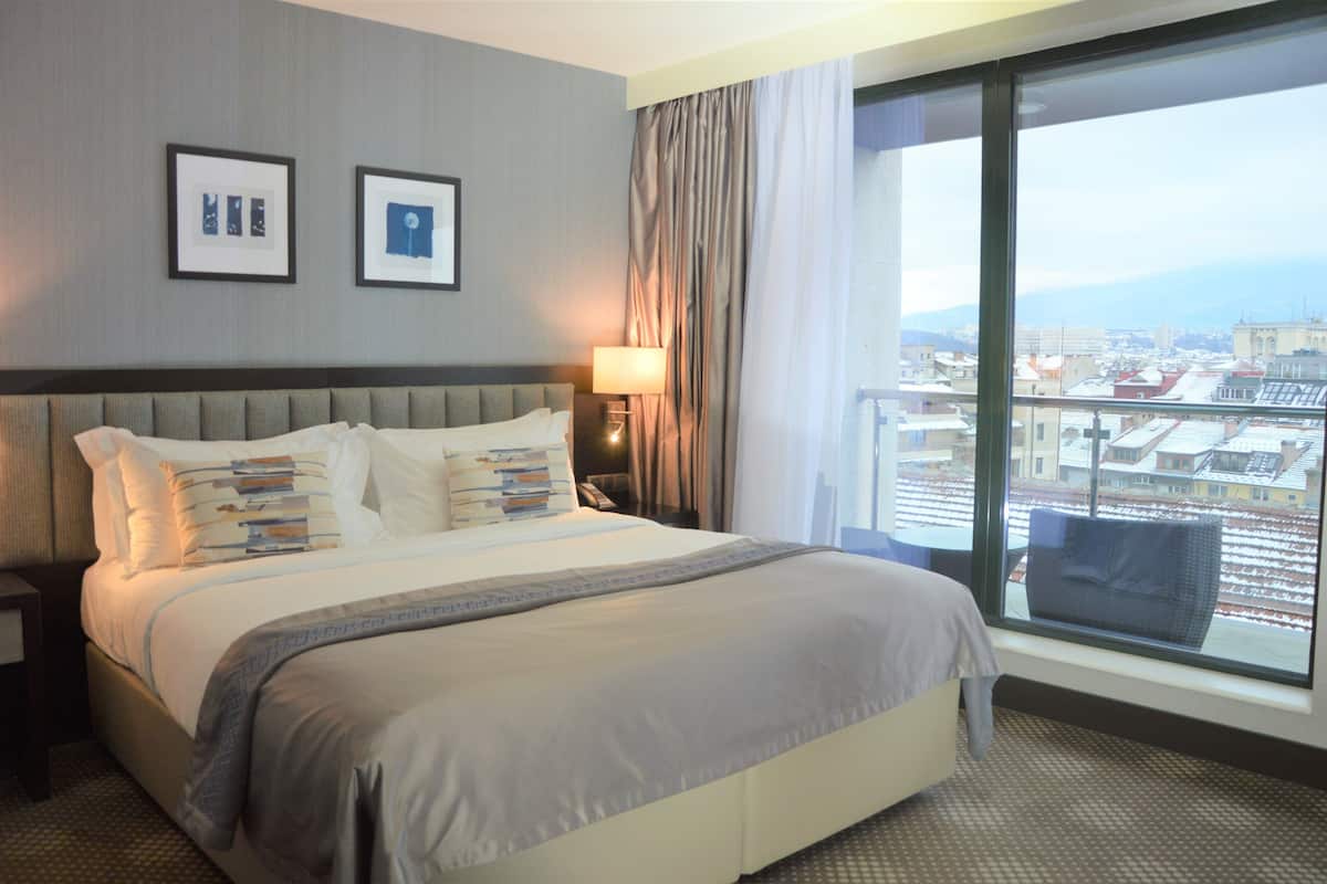 A hotel room with a large bed, a nightstand, a lamp, a window with a view of the city, and two framed pictures on the wall.